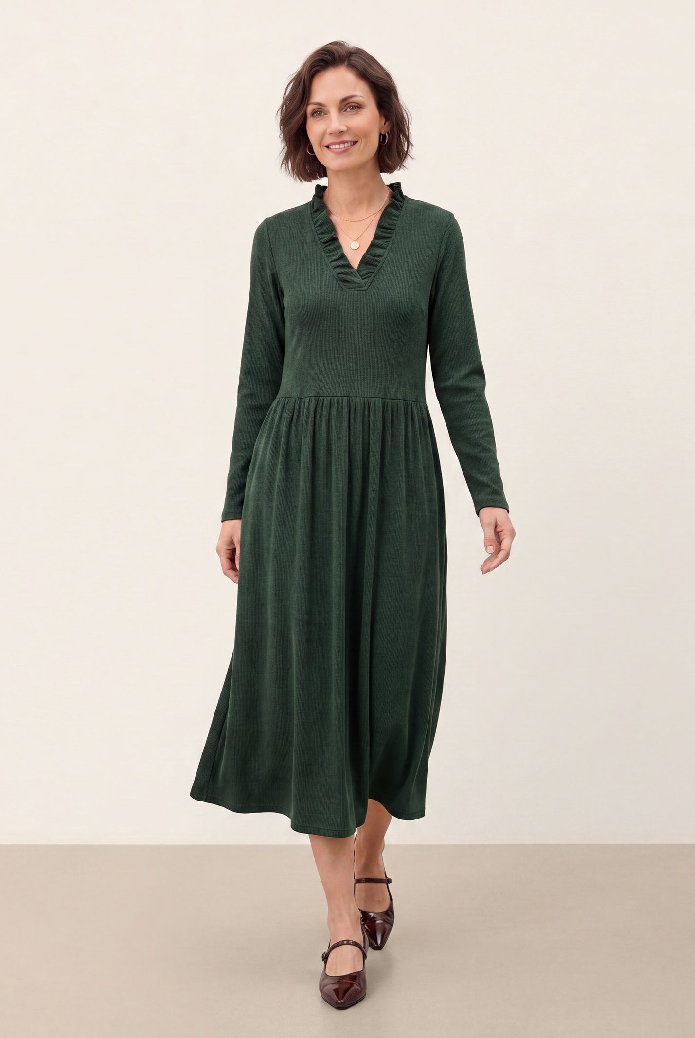 Green Lyocell Ruffle V Neck Gathered Waist Knit Midi Dress BRIELLE by LINTICO