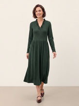 Green Lyocell Ruffle V Neck Gathered Waist Knit Midi Dress BRIELLE by LINTICO