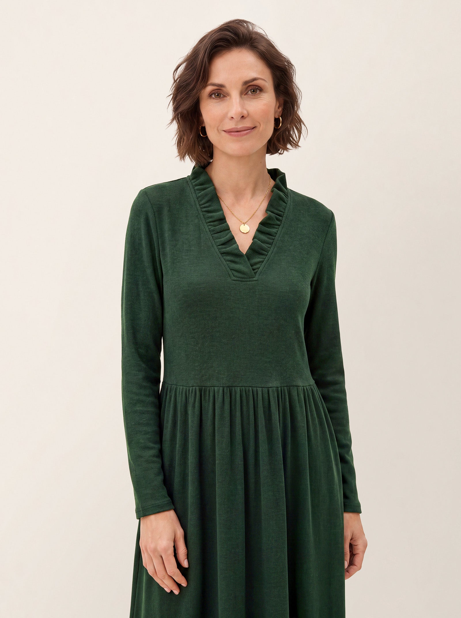 Green Lyocell Ruffle V Neck Gathered Waist Knit Midi Dress BRIELLE by LINTICO