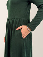 Green Lyocell Ruffle V Neck Gathered Waist Knit Midi Dress BRIELLE by LINTICO
