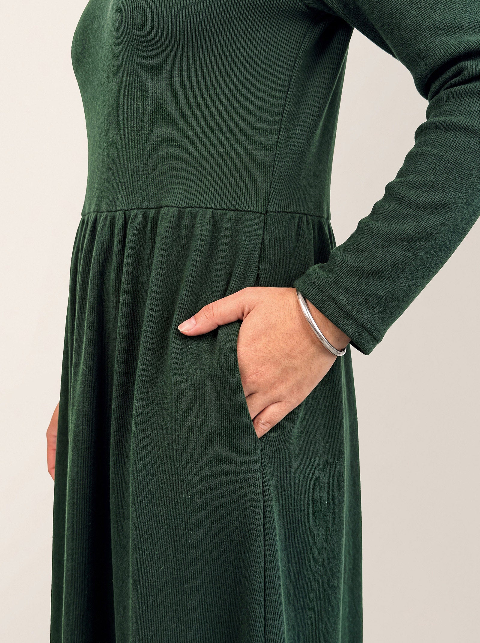 Green Lyocell Ruffle V Neck Gathered Waist Knit Midi Dress BRIELLE by LINTICO