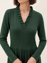 Green Lyocell Ruffle V Neck Gathered Waist Knit Midi Dress BRIELLE by LINTICO