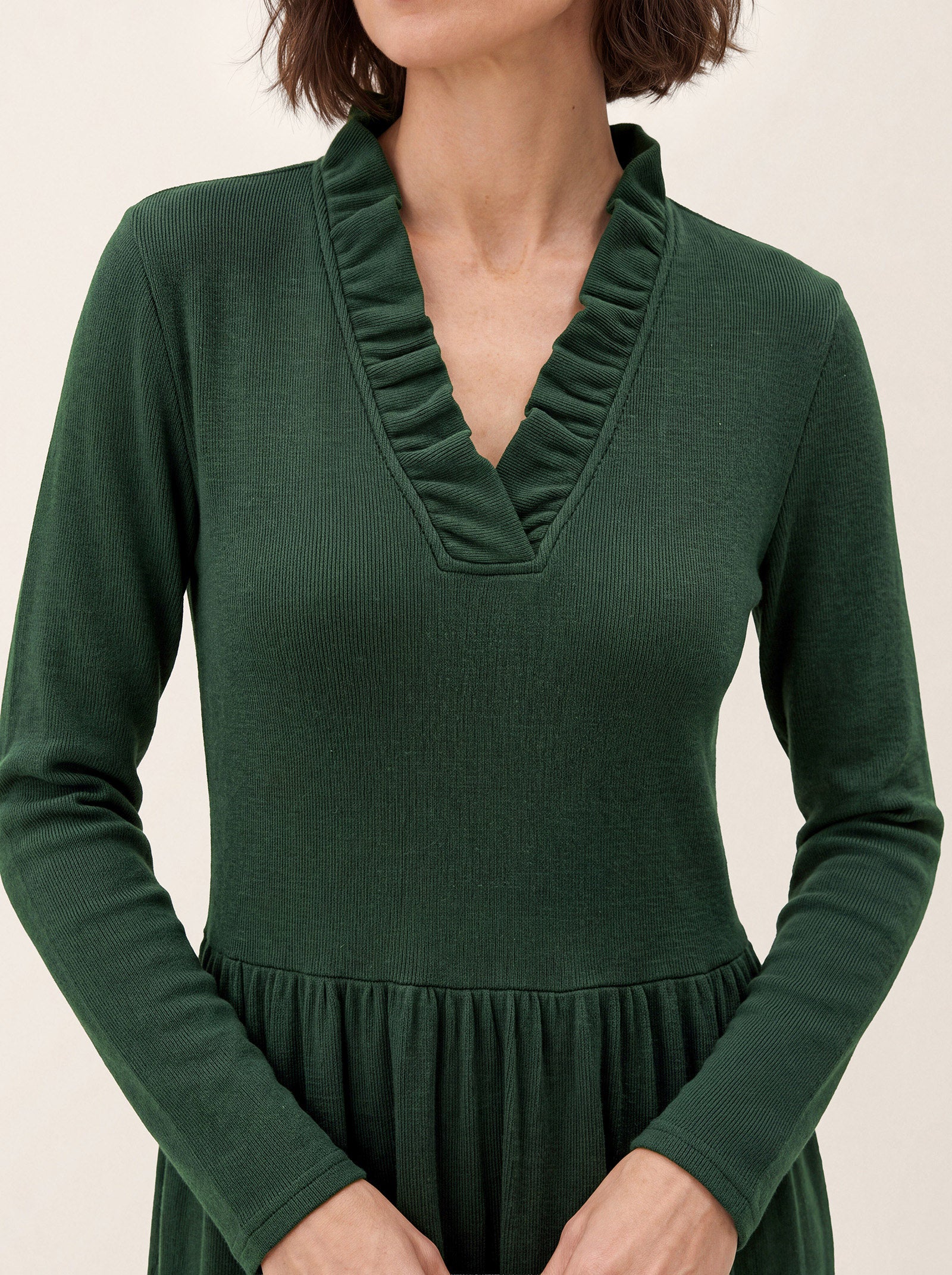 Green Lyocell Ruffle V Neck Gathered Waist Knit Midi Dress BRIELLE by LINTICO
