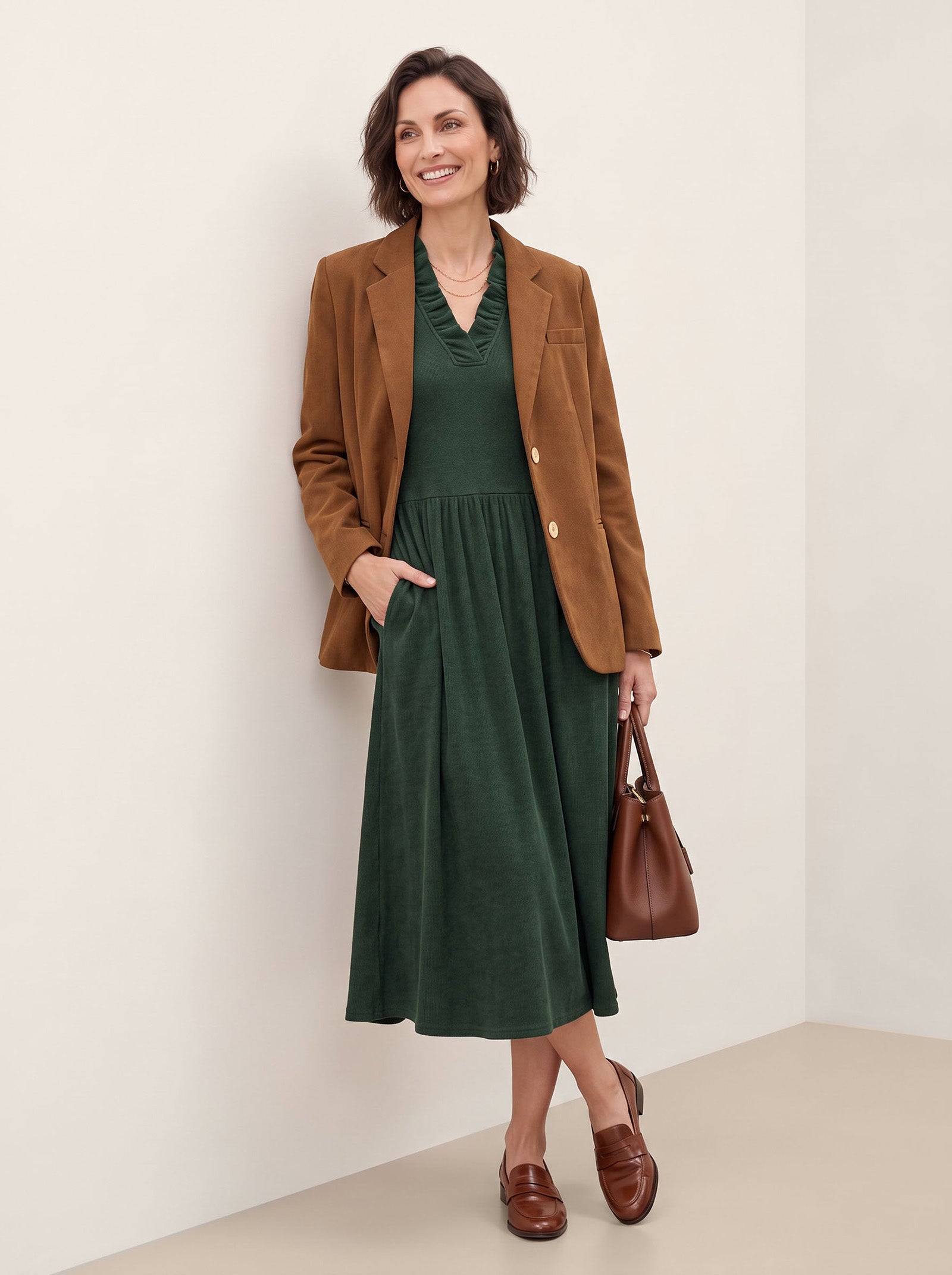 Green Lyocell Ruffle V Neck Gathered Waist Knit Midi Dress BRIELLE by LINTICO