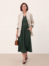 Green Lyocell Ruffle V Neck Gathered Waist Knit Midi Dress BRIELLE by LINTICO