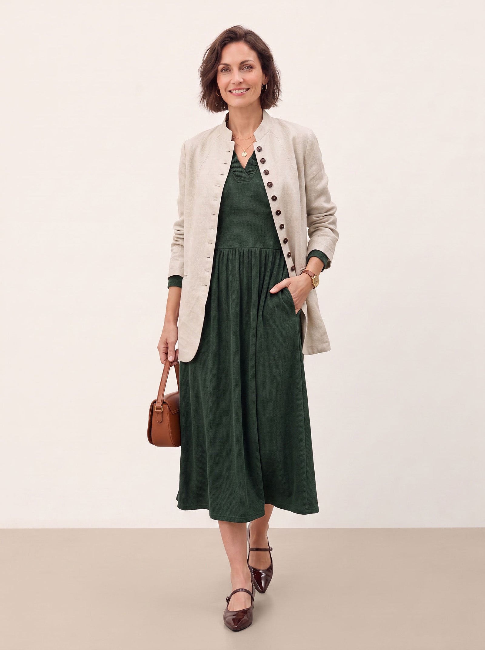 Green Lyocell Ruffle V Neck Gathered Waist Knit Midi Dress BRIELLE by LINTICO