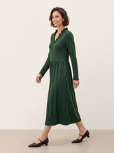 Green Lyocell Ruffle V Neck Gathered Waist Knit Midi Dress BRIELLE by LINTICO