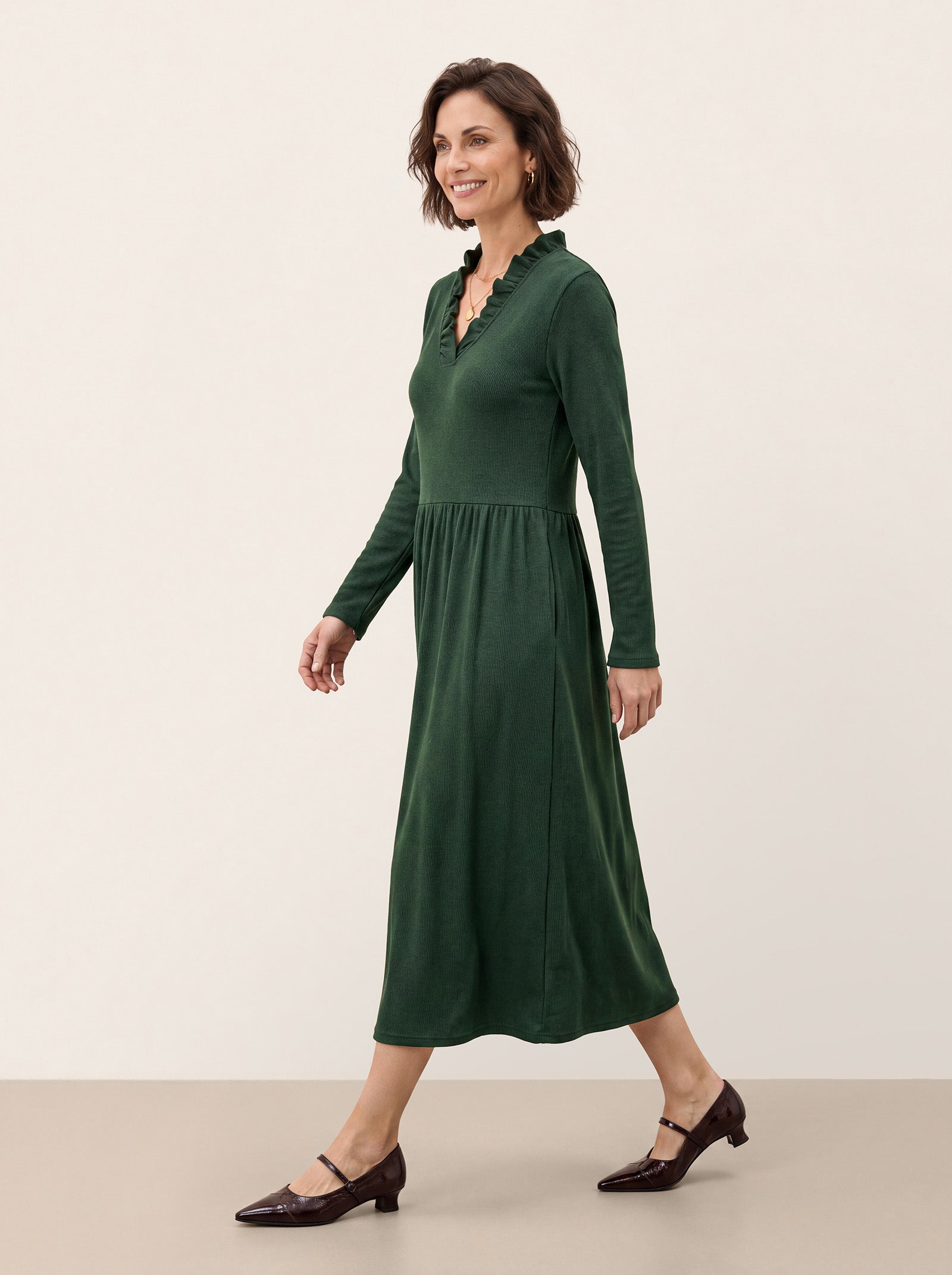 Green Lyocell Ruffle V Neck Gathered Waist Knit Midi Dress BRIELLE by LINTICO