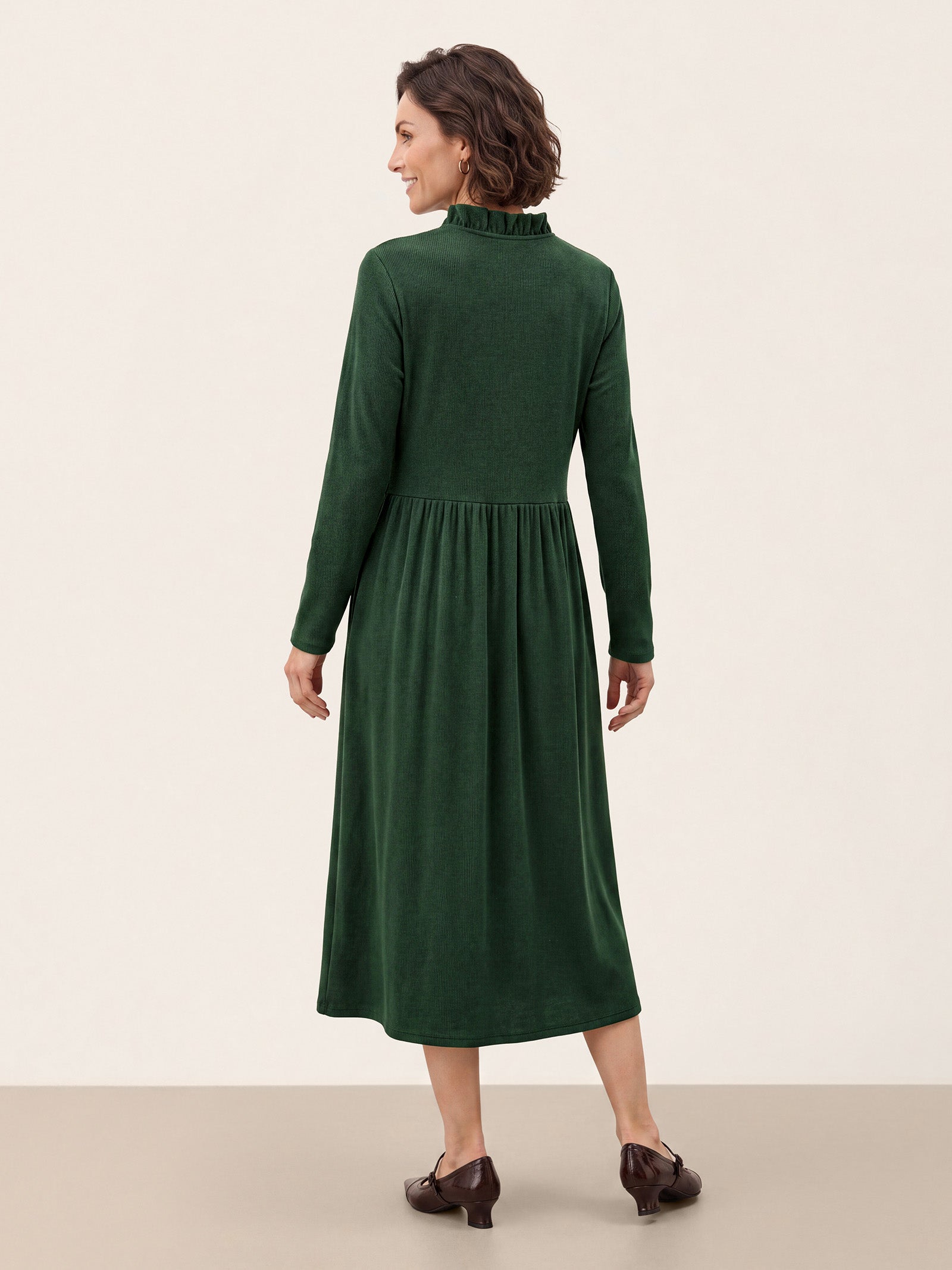 Green Lyocell Ruffle V Neck Gathered Waist Knit Midi Dress BRIELLE by LINTICO