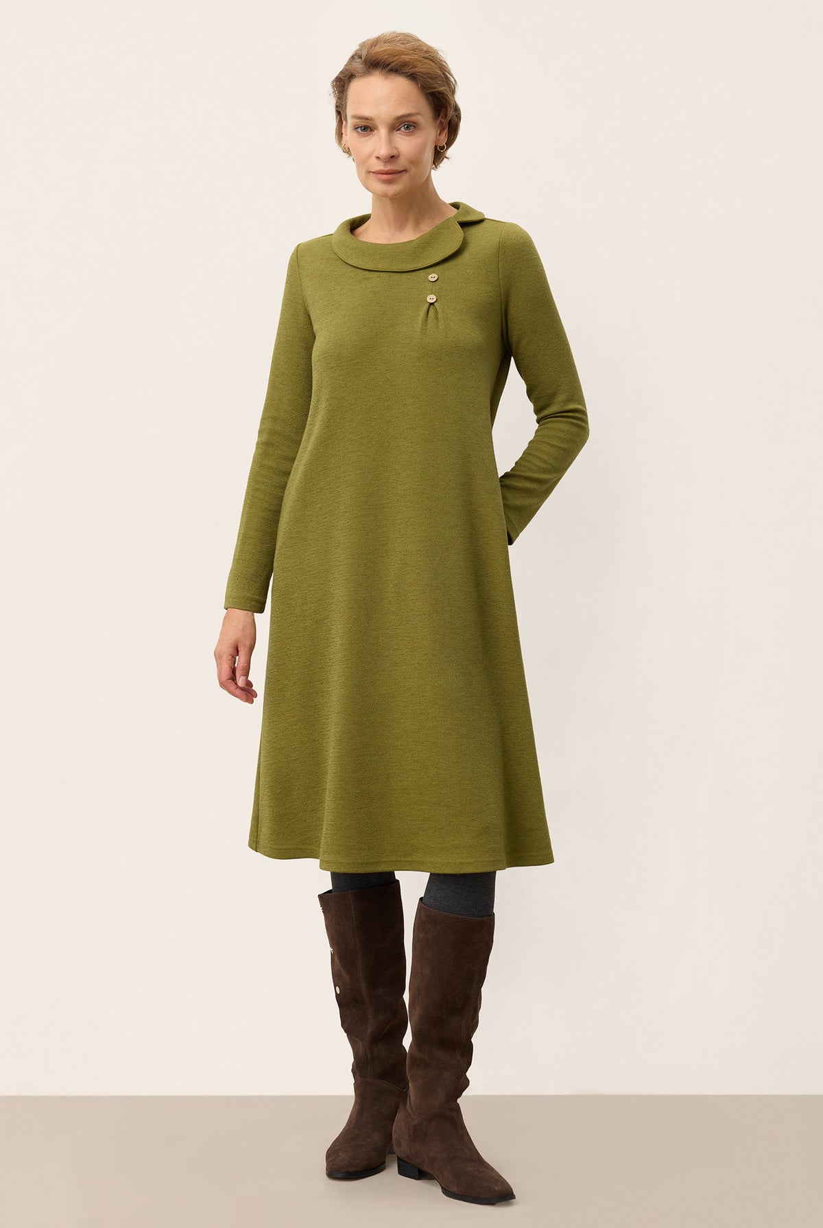 Lyocell Wool Draped Funnel Neck Midi Dress SYBIL in Golden Olive - product image 3 of 9