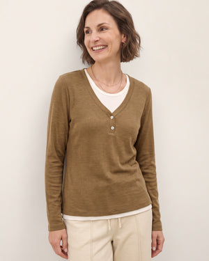 Chestnut Brown Lyocell Wool Layered Look Button Placket Top SABRINE by LINTICO