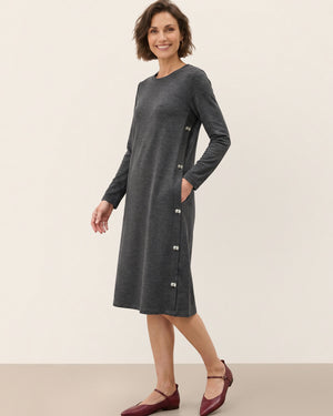 Charcoal Slate Lyocell Wool Side Button A-Line Knit Midi Dress MIRENA by LINTICO