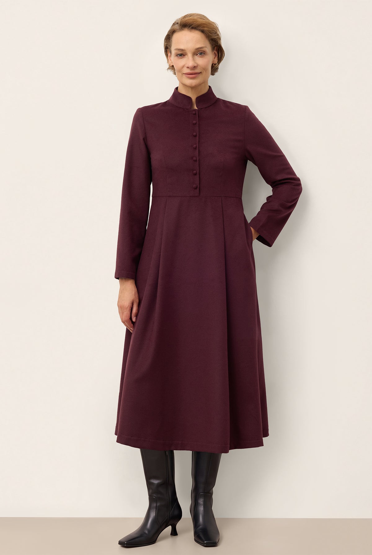 Lyocell Wool Stand Collar Button Front Midi Dress CAMILLE in Dusk Plum by LINTICO, product image 1 of 11