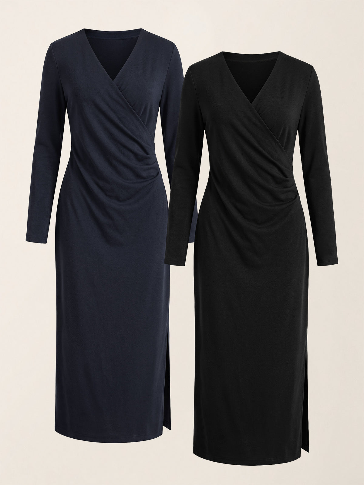 Crossover V-Neck Wrap Stretch Midi Dress MARNIE in Navy Blue and Charcoal Black