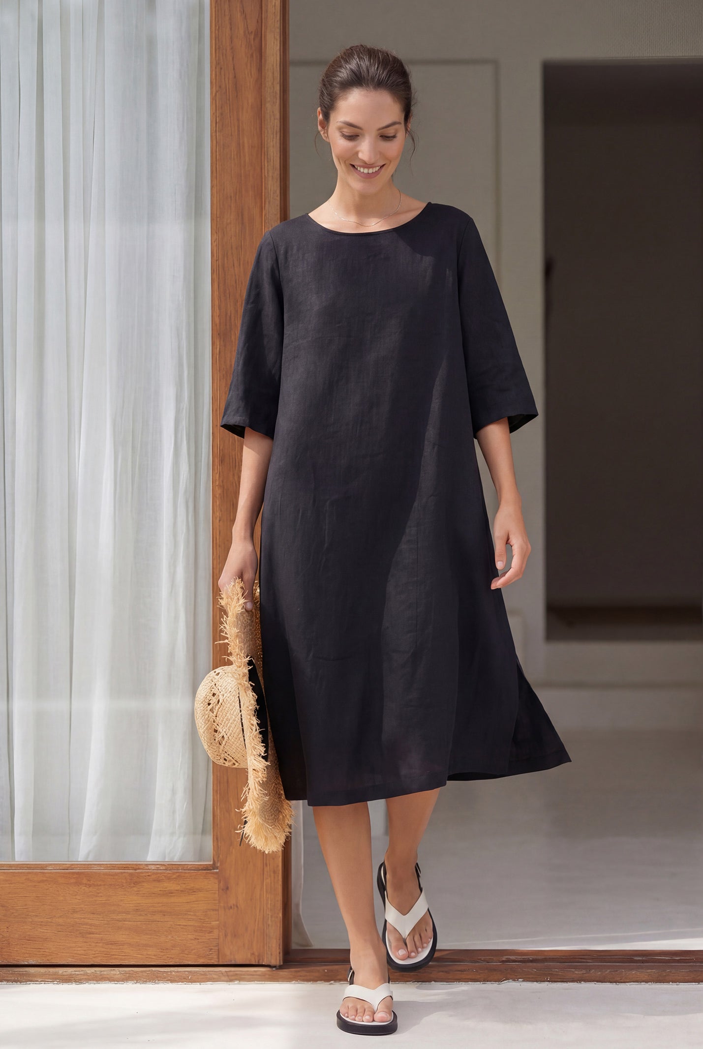 100% Linen Collarless Mid-Length Dress SOFIA by LINTICO for women