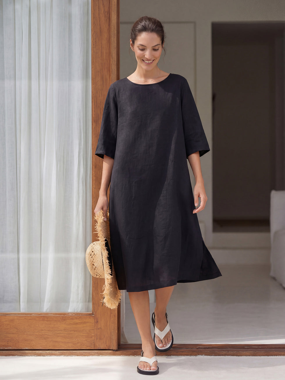 100% Linen Collarless Mid-Length Dress SOFIA by LINTICO for women