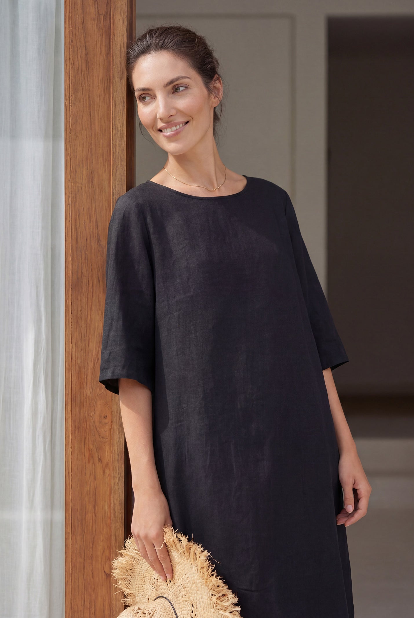 100% Linen Collarless Mid-Length Dress SOFIA by LINTICO for women