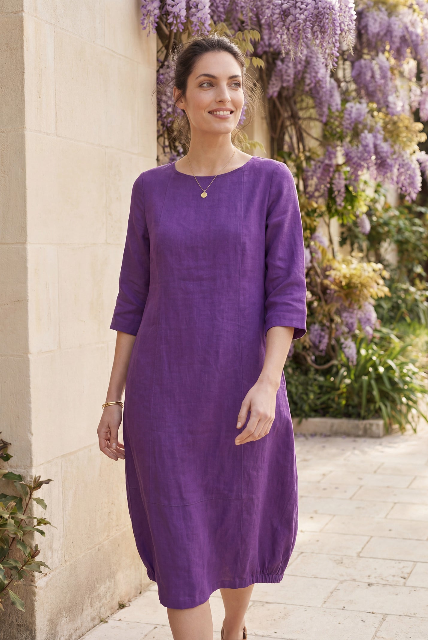 100% Linen Collarless Mid-Length Dress SOFIA by LINTICO for women