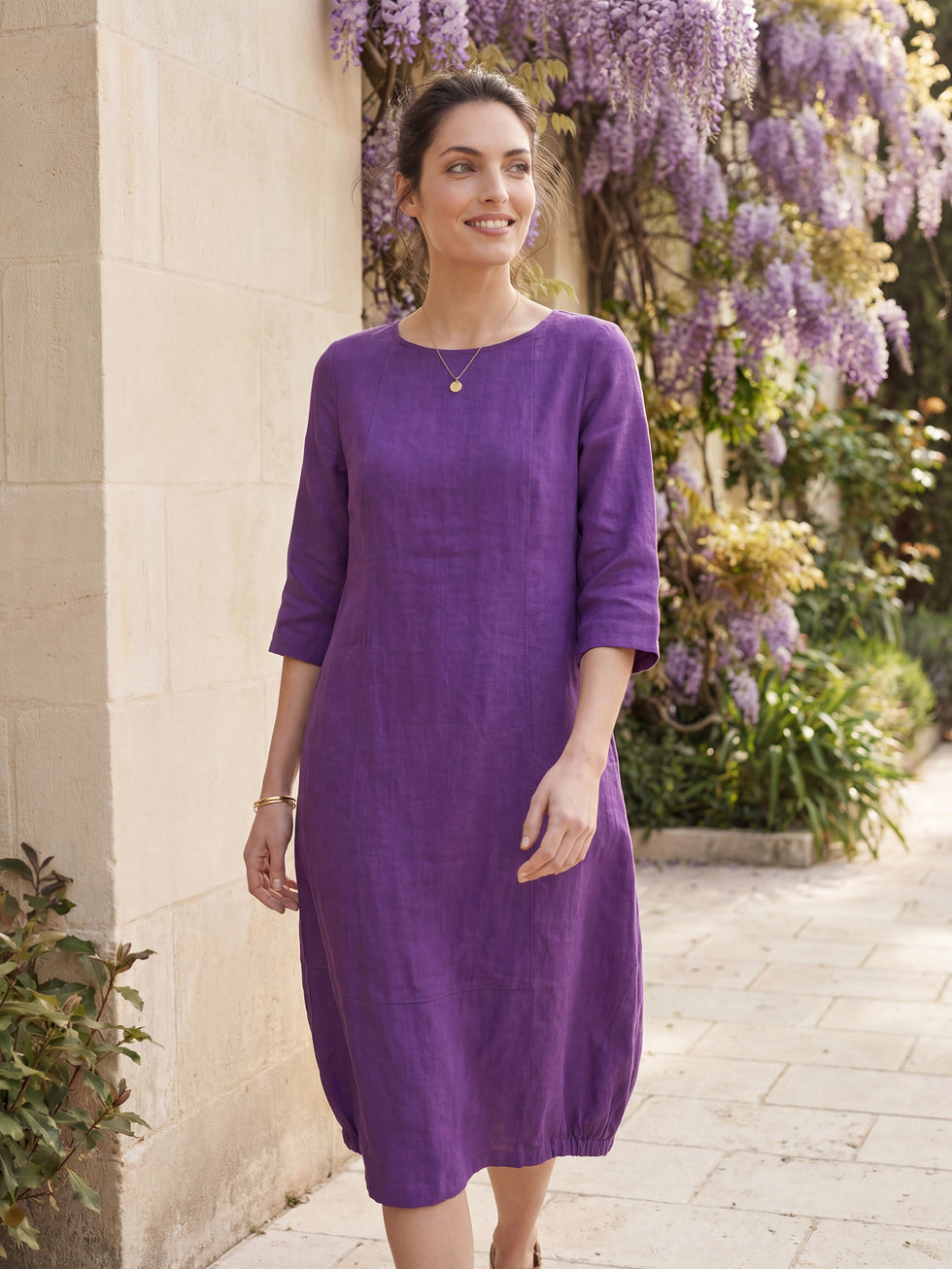 100% Linen Collarless Mid-Length Dress SOFIA by LINTICO for women