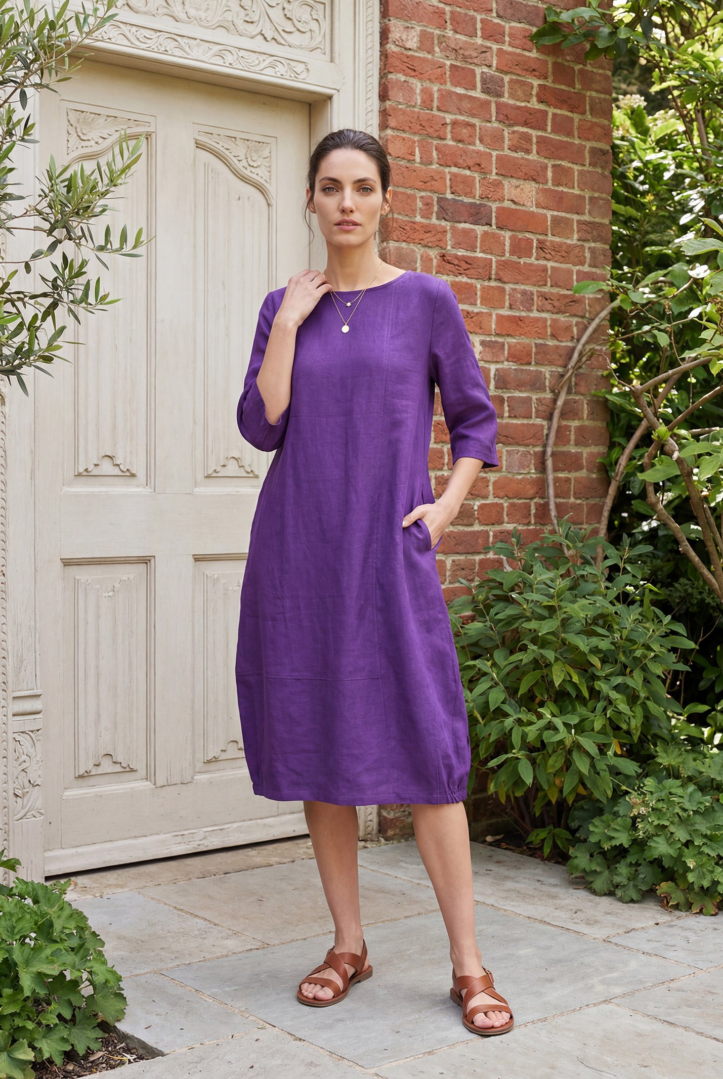 100% Linen Collarless Mid-Length Dress SOFIA by LINTICO for women