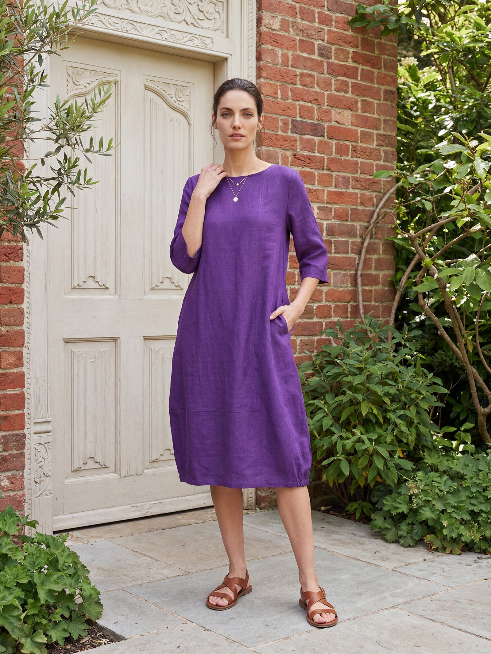 100% Linen Collarless Mid-Length Dress SOFIA by LINTICO for women