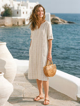 Linen Striped Notch Neck Tab-Cuff Bohemian Midi Dress ALTHEA by LINTICO for women