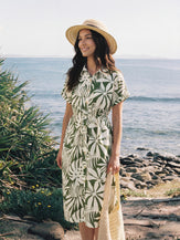 Mini-robe chemise en lin à imprimé palmiers, taille coulissée et manches à revers AURELIA de LINTICO pour femme