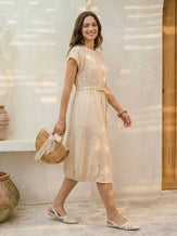 100% Linen Lace-Inset Bubble-Hem Midi Dress LORITA by LINTICO for women