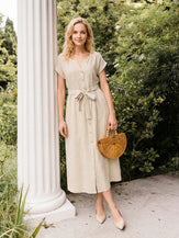 100% Linen Plaid Detachable Tie-Belt Button-Front Maxi Dress LARISSA by LINTICO for women