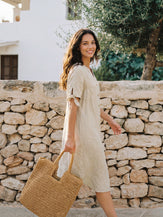 100% Linen Button-Front Tie Cuff V-Neck Shirt Dress HONORIA by LINTICO for women