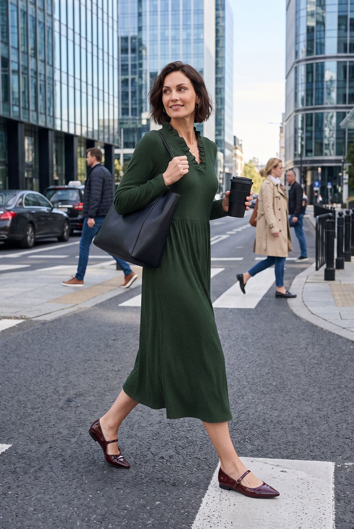 Pine Green Lyocell Ruffle V-Neck Gathered Waist Knit Midi Dress BRIELLE