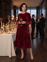 Model wearing 100% Silk Velvet Draped Pleat Relaxed Midi Dress ZELARA in Mulberry Wine
