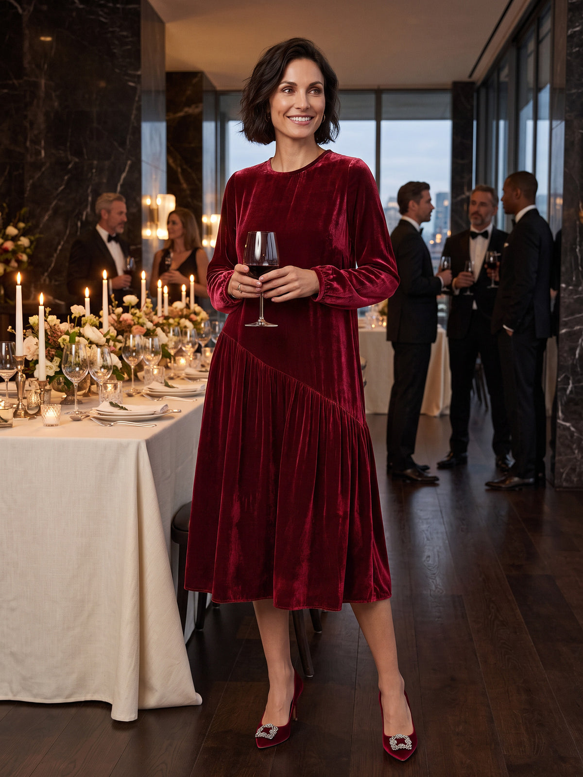 Model wearing 100% Silk Velvet Draped Pleat Relaxed Midi Dress ZELARA in Mulberry Wine