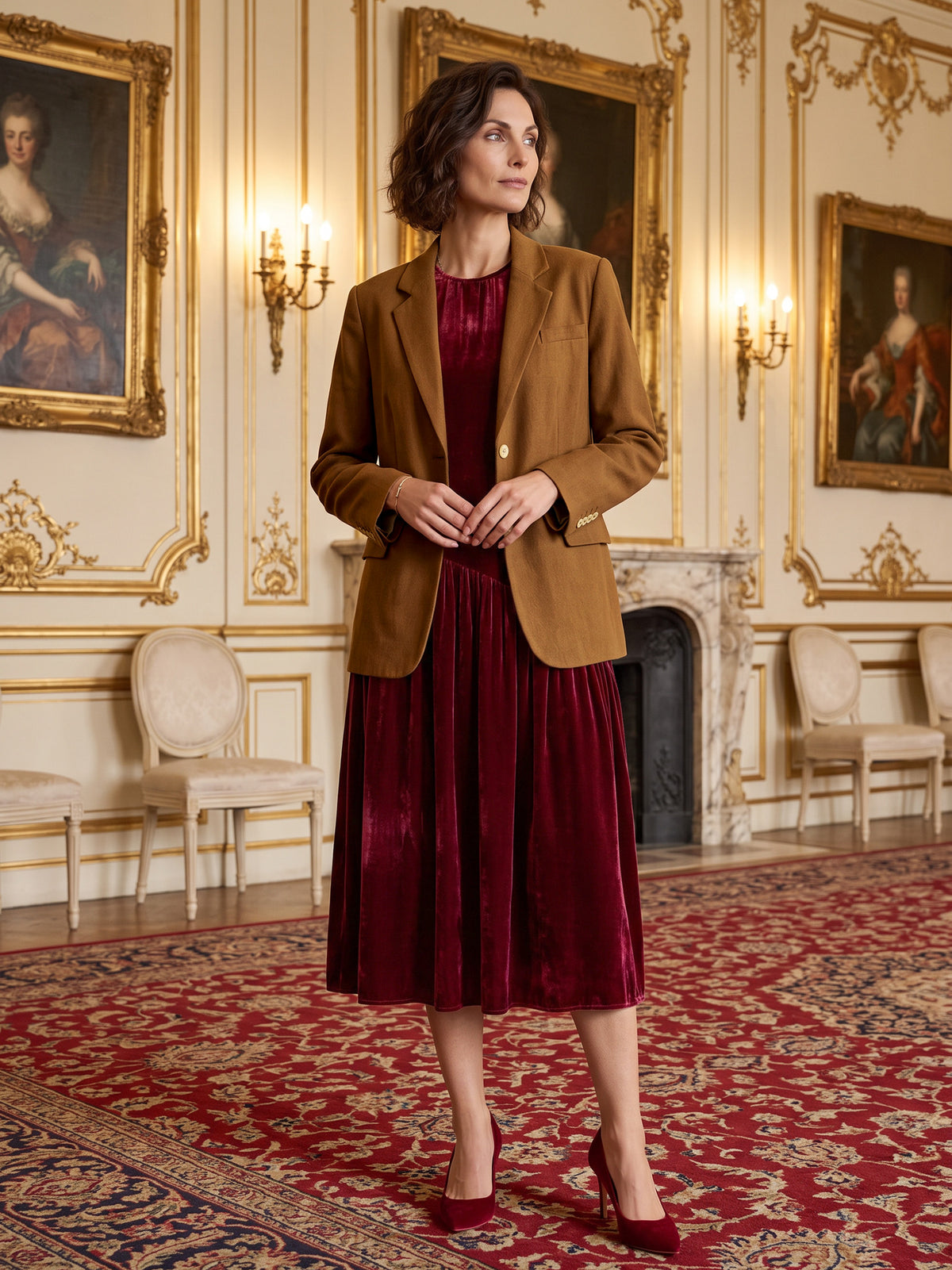100% Silk Velvet Draped Pleat Relaxed Midi Dress ZELARA in Mulberry Wine - product image 1 of 1