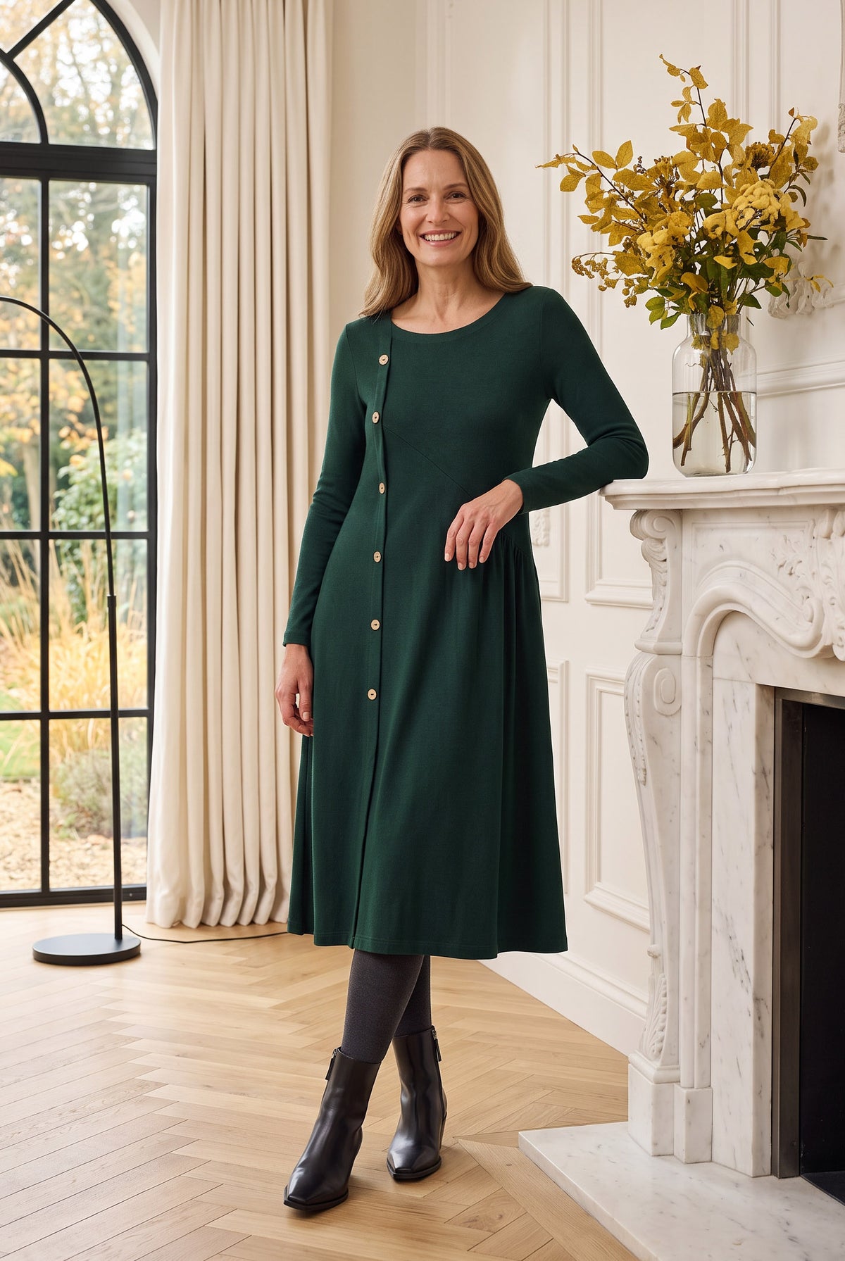 Wool Front Button Long Sleeve Midi Dress MABEL in Deep Olive by LINTICO