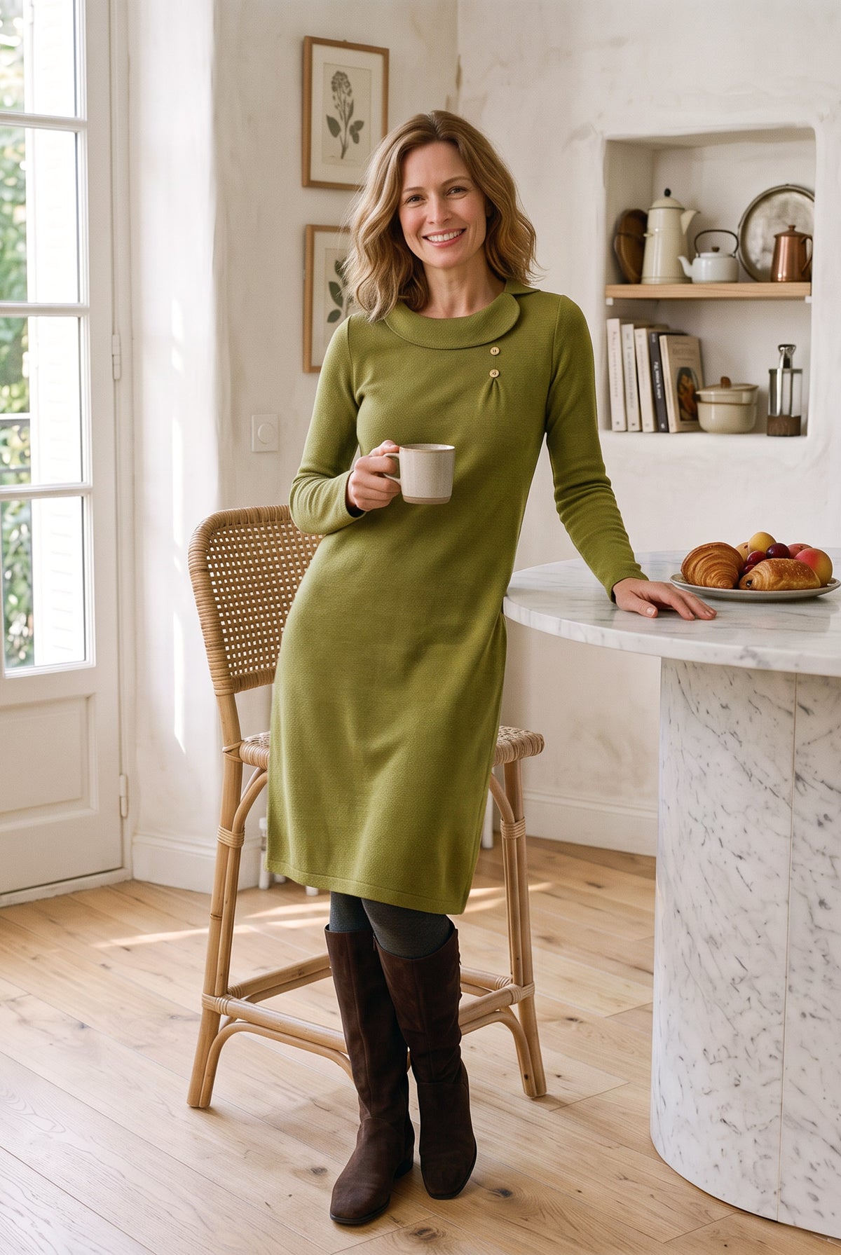 Lyocell Wool Draped Funnel Neck Midi Dress SYBIL in Golden Olive by LINTICO