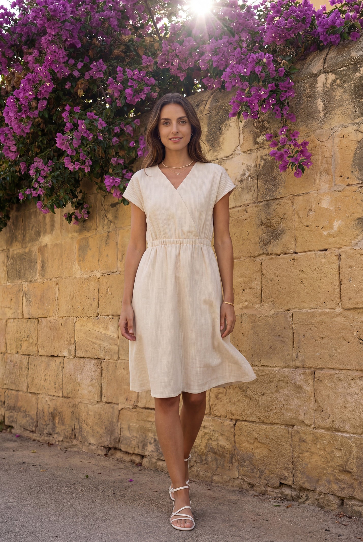 100% Linen Striped Elastic-Waist Mini Dress ARIA by LINTICO for women