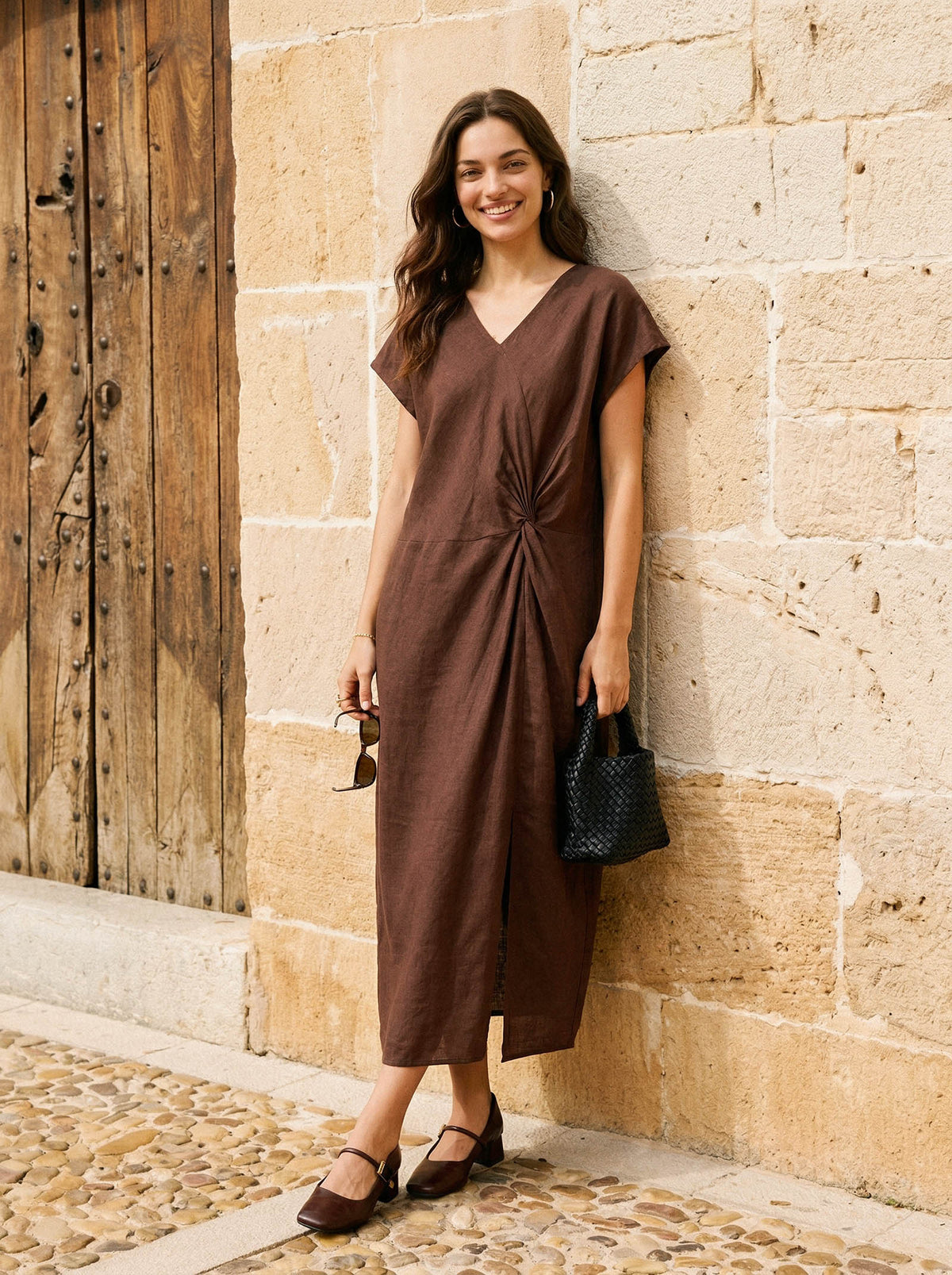 100% Linen Twist-Waist Slit Maxi Dress LYNETTE by LINTICO for women