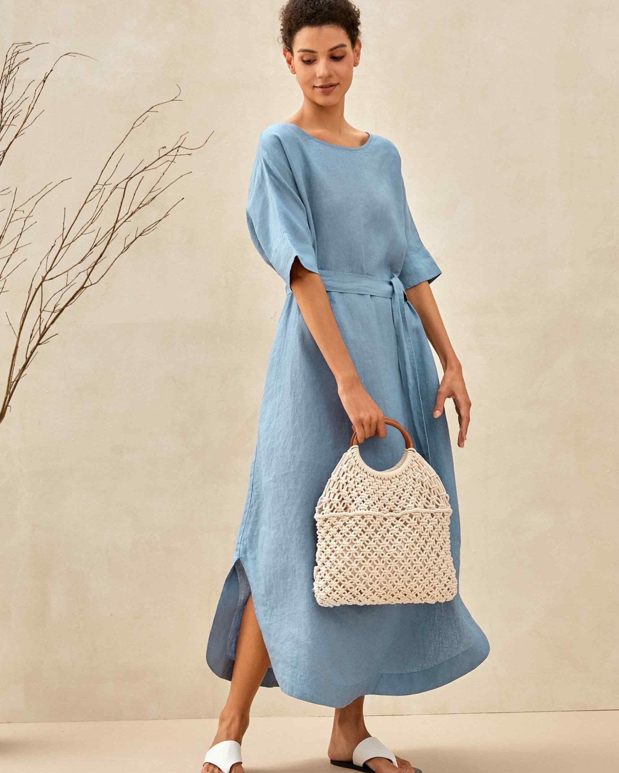 100% Linen Loose Fit Kimono Maxi Dress MADDIE - DRESSES-Linen