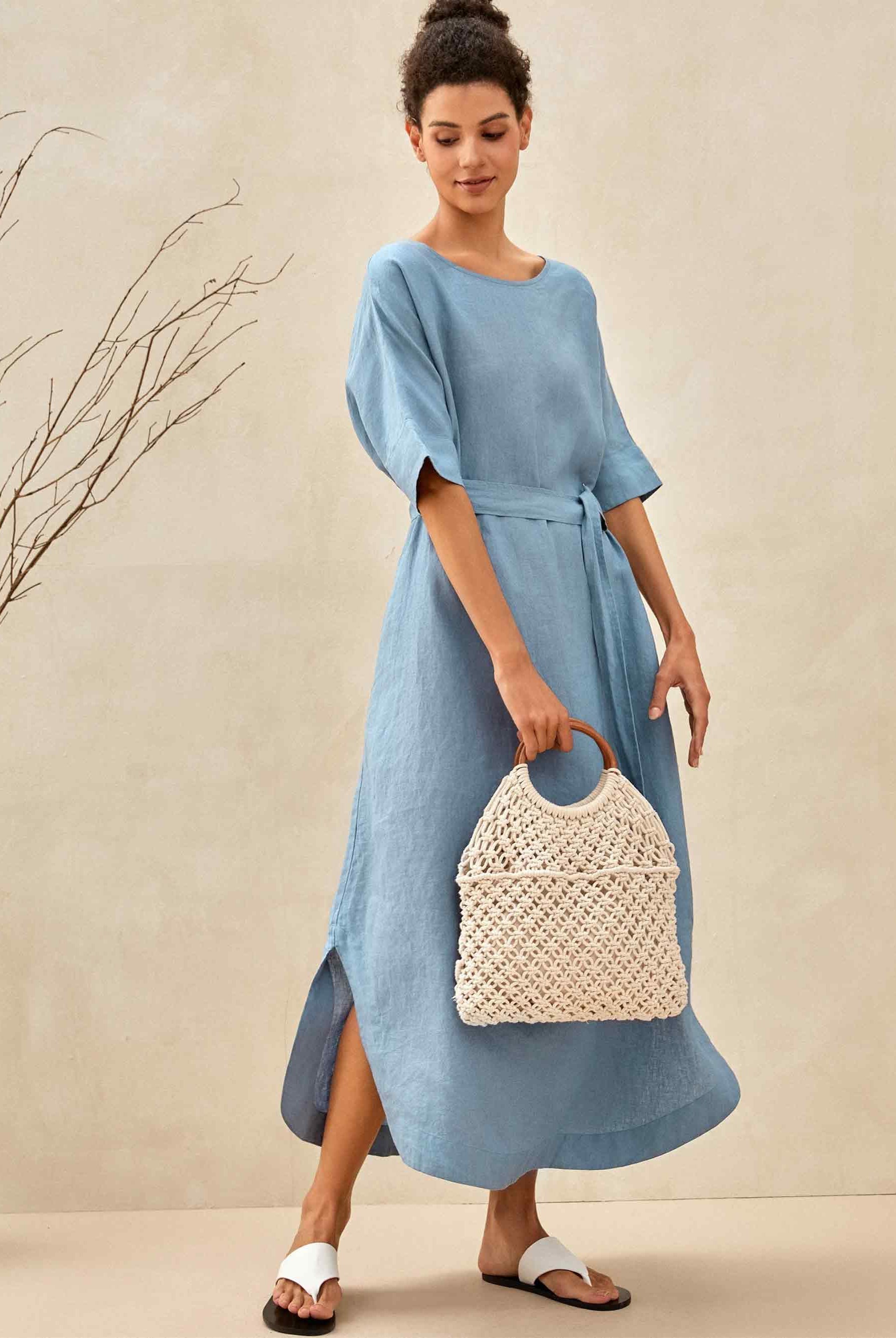 100% Linen Loose Fit Kimono Maxi Dress MADDIE - DRESSES-Linen