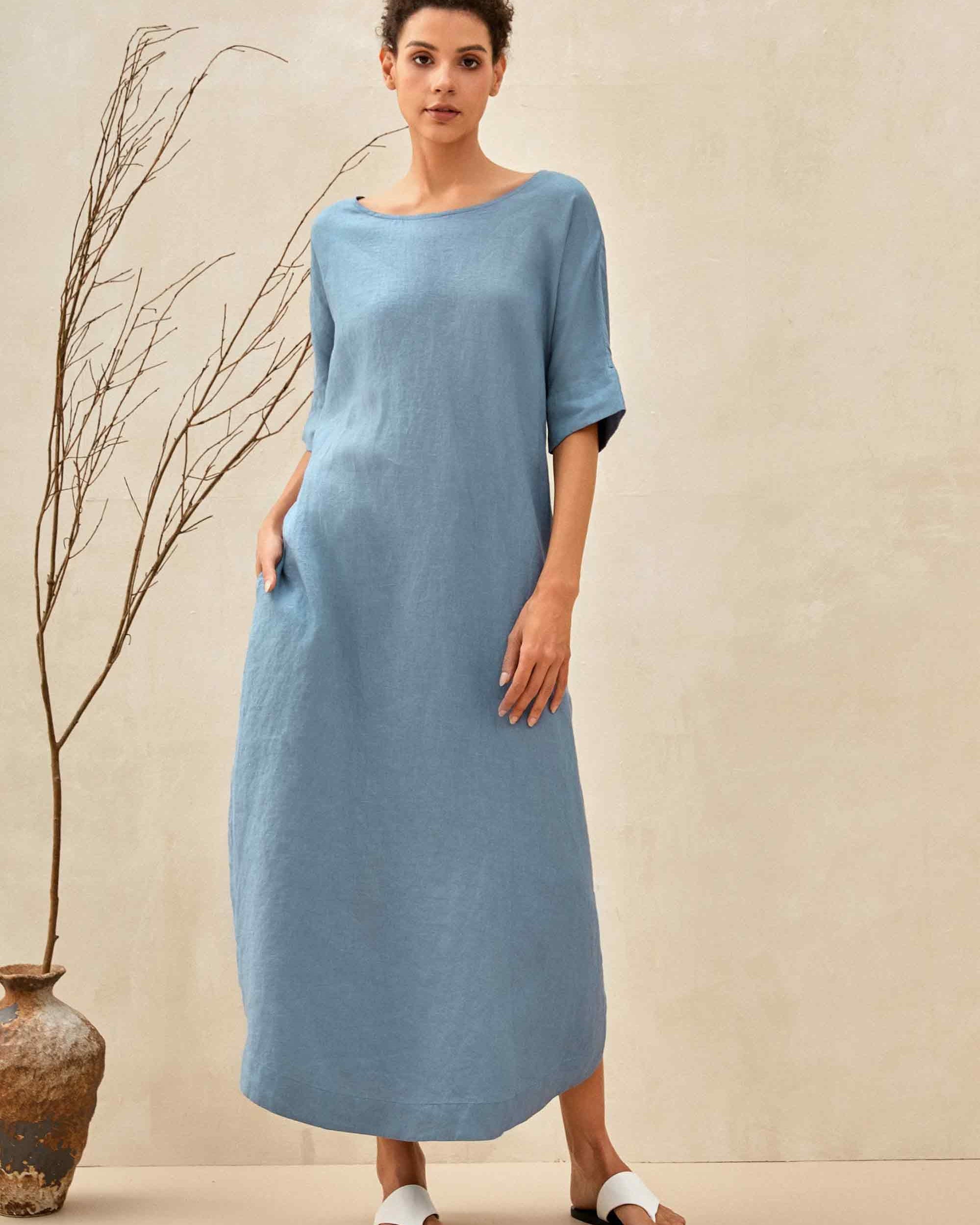 100% Linen Loose Fit Kimono Maxi Dress MADDIE - DRESSES-Linen