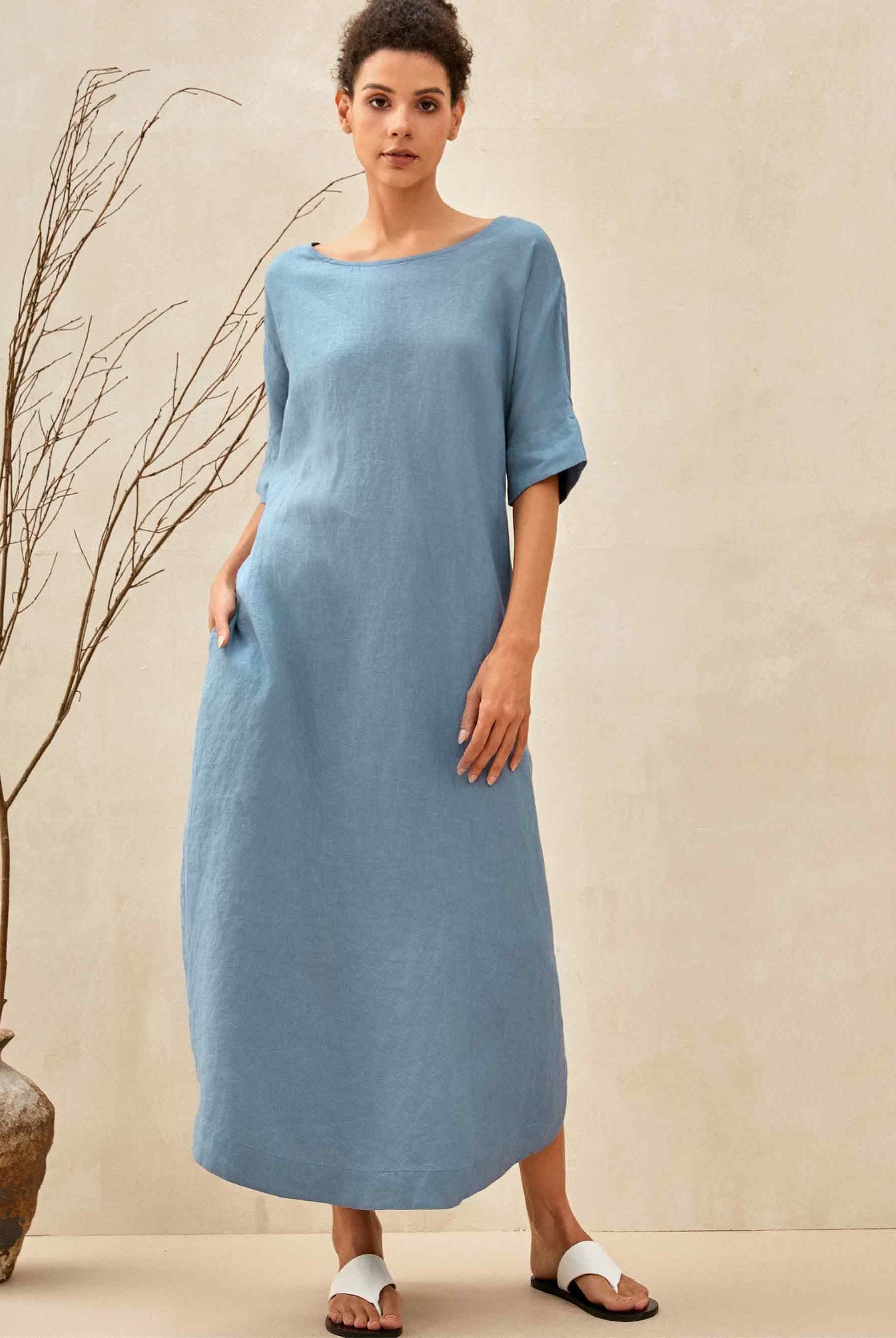 100% Linen Loose Fit Kimono Maxi Dress MADDIE - DRESSES-Linen