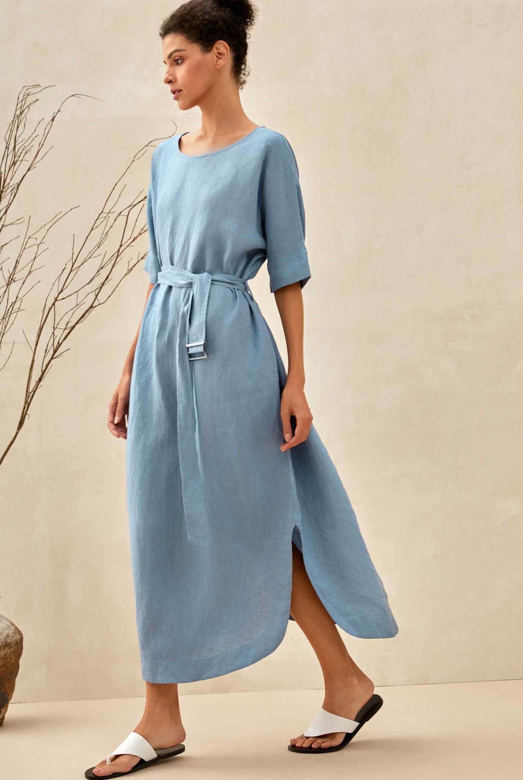 100% Linen Loose Fit Kimono Maxi Dress MADDIE - DRESSES-Linen