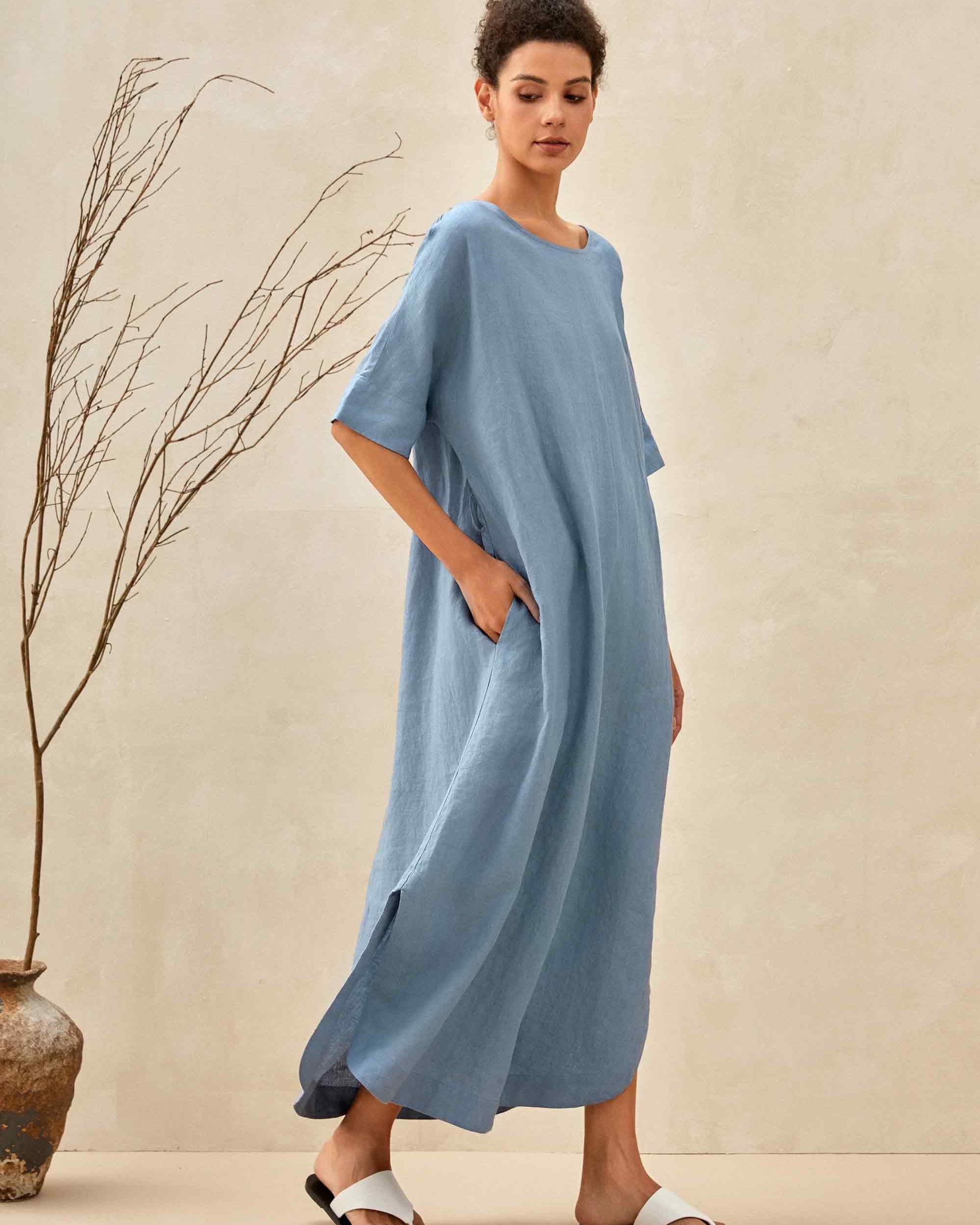 100% Linen Loose Fit Kimono Maxi Dress MADDIE - Powder Blue / S - DRESSES-Linen