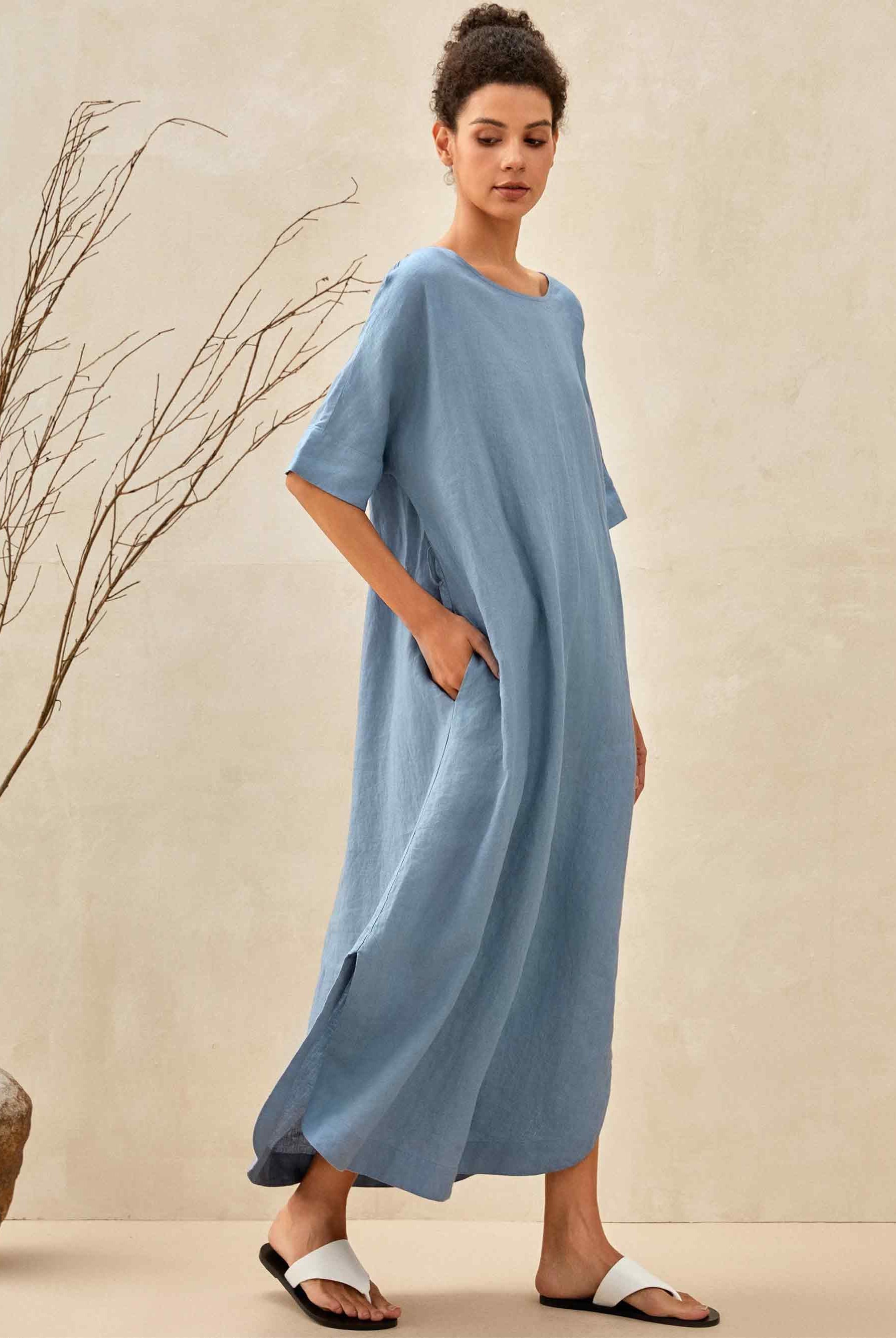 100% Linen Loose Fit Kimono Maxi Dress MADDIE - Powder Blue / S - DRESSES-Linen