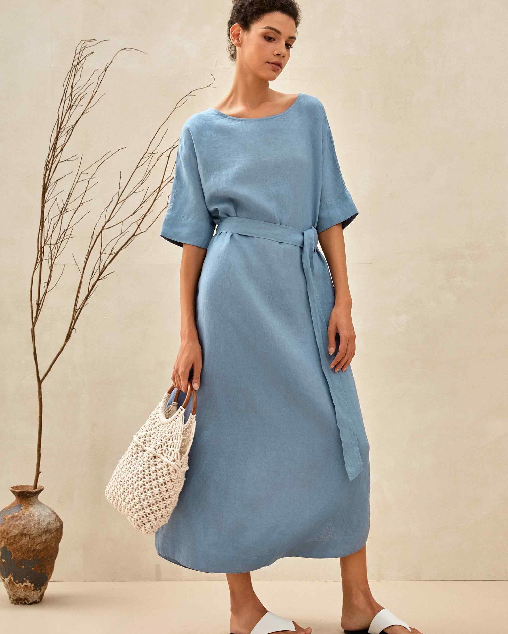 100% Linen Loose Fit Kimono Maxi Dress MADDIE - DRESSES-Linen