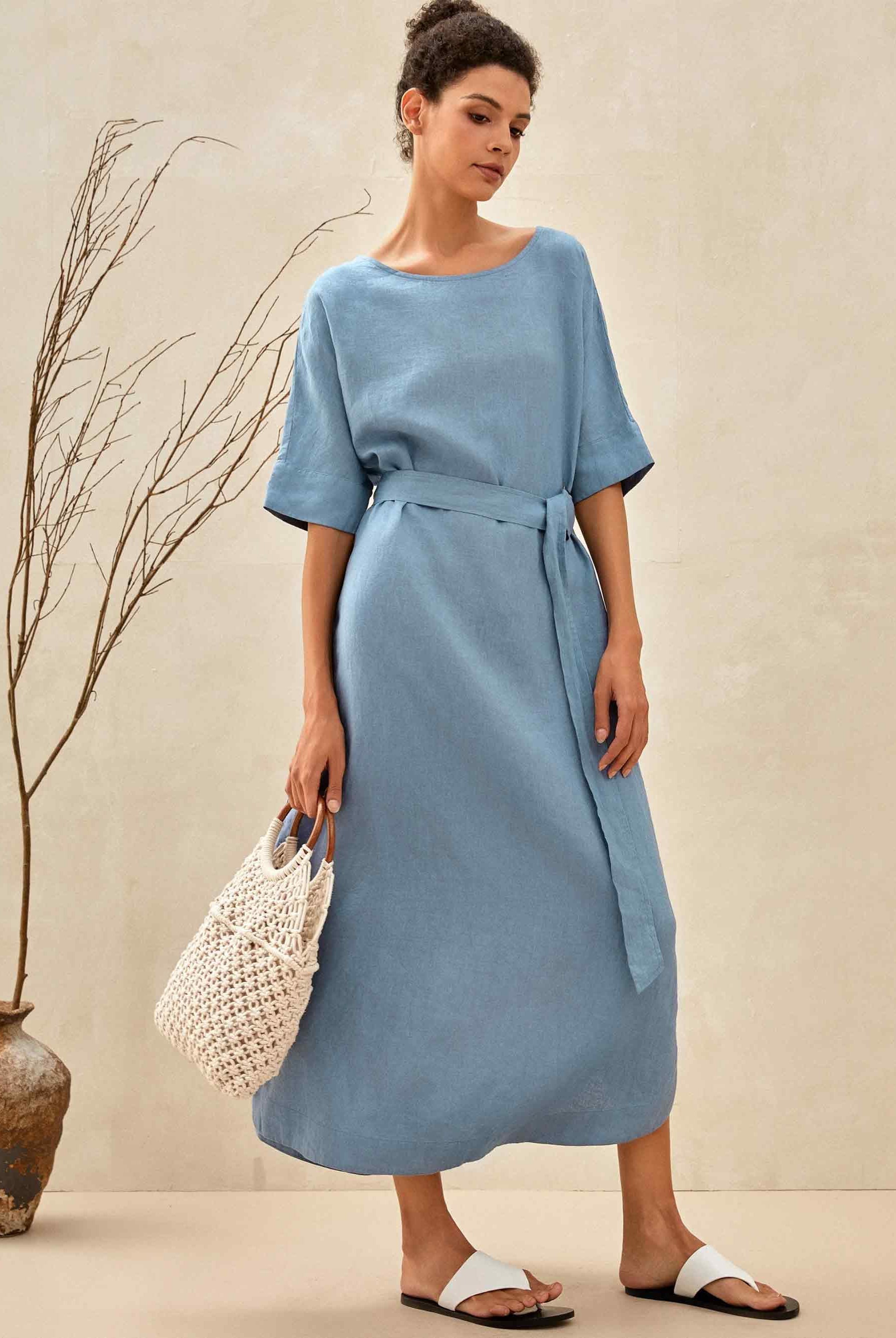 100% Linen Loose Fit Kimono Maxi Dress MADDIE - DRESSES-Linen