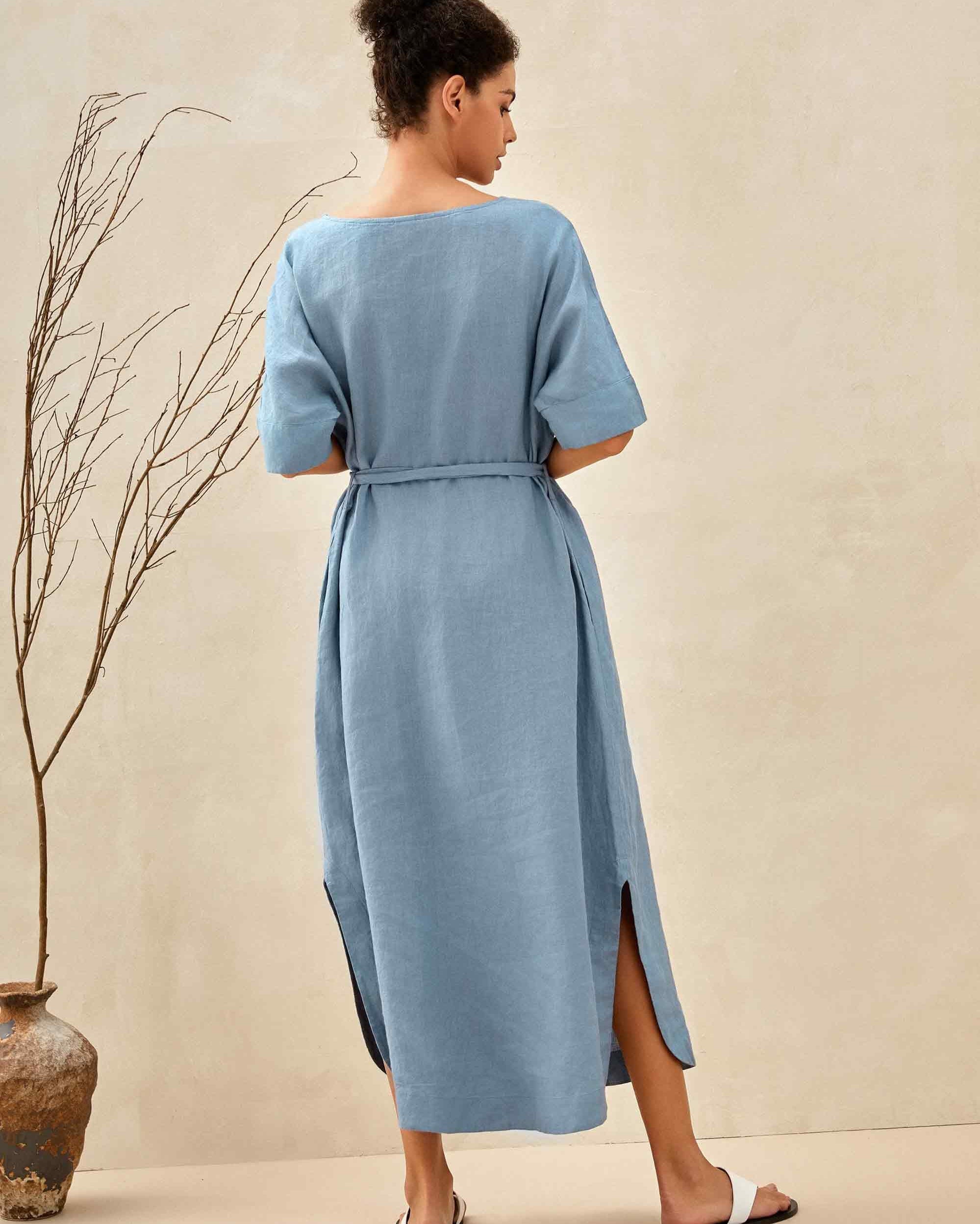 100% Linen Loose Fit Kimono Maxi Dress MADDIE - DRESSES-Linen
