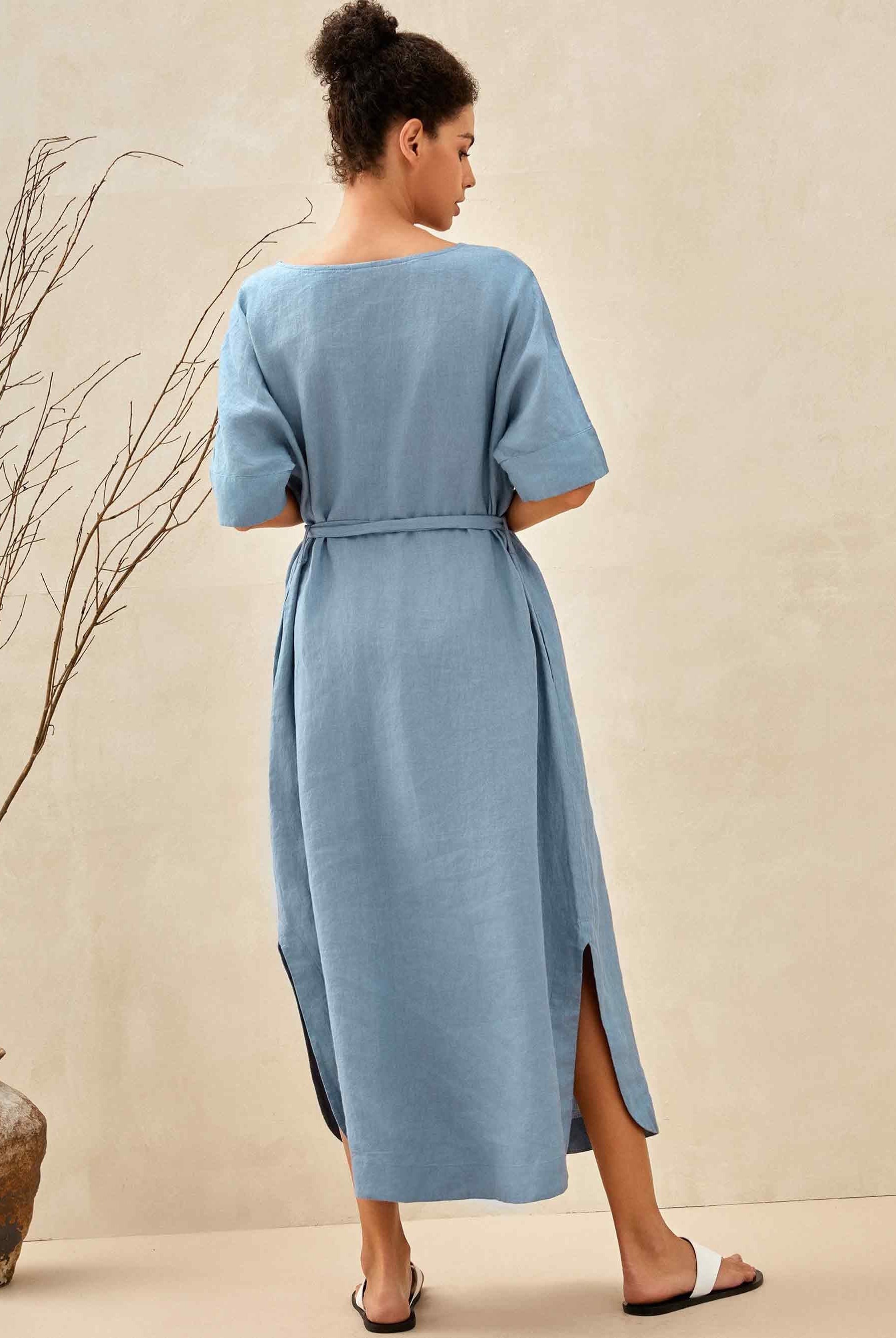 100% Linen Loose Fit Kimono Maxi Dress MADDIE - DRESSES-Linen