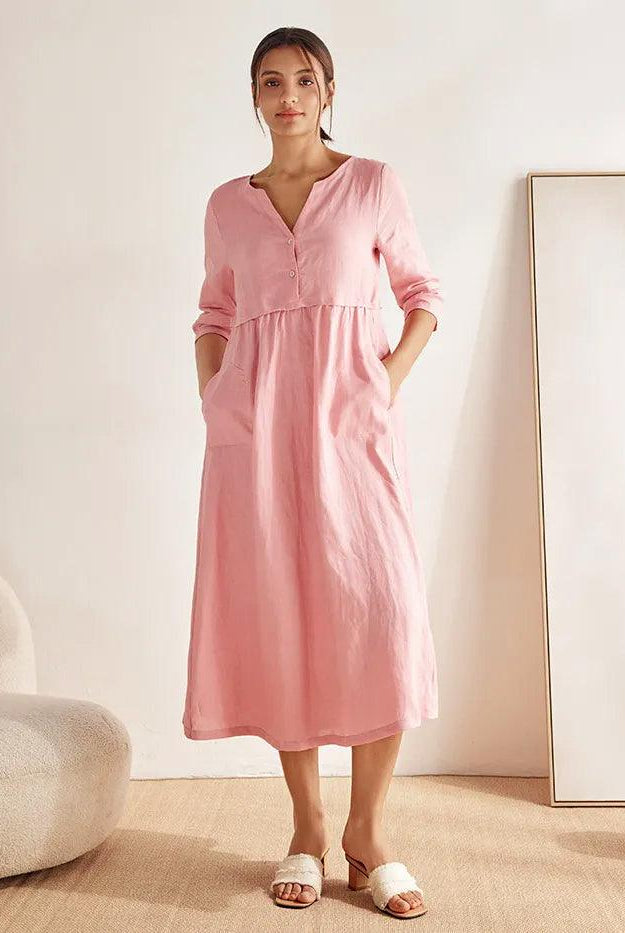 100% Linen Loose Fit Button Waist Gathered Maxi Dress LUNA - Pastel Pink / S - DRESSES-Linen